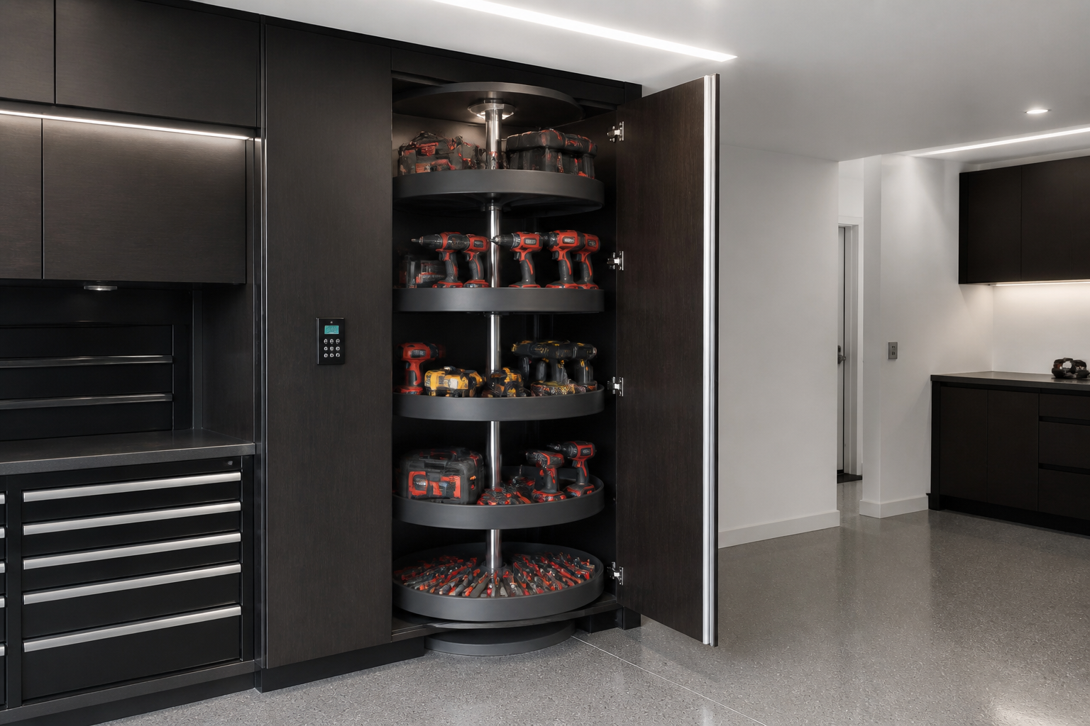 Rotating carousel garage cabinet system with electronic keypad and dark wood finish