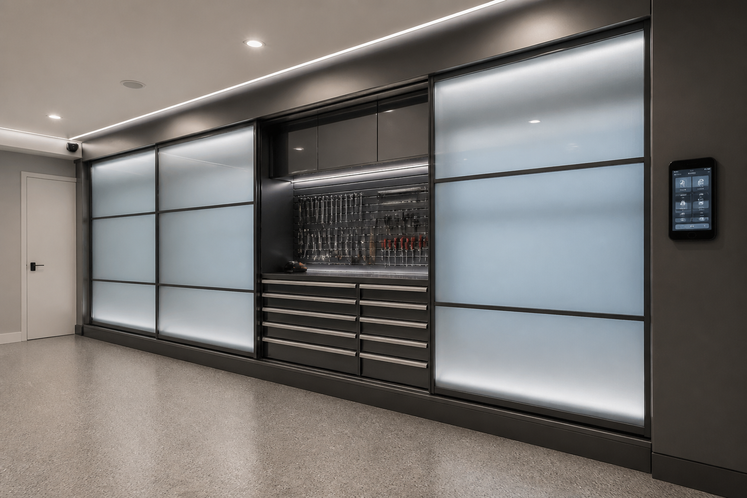 Motion-activated sliding garage cabinets with frosted glass and app controls
