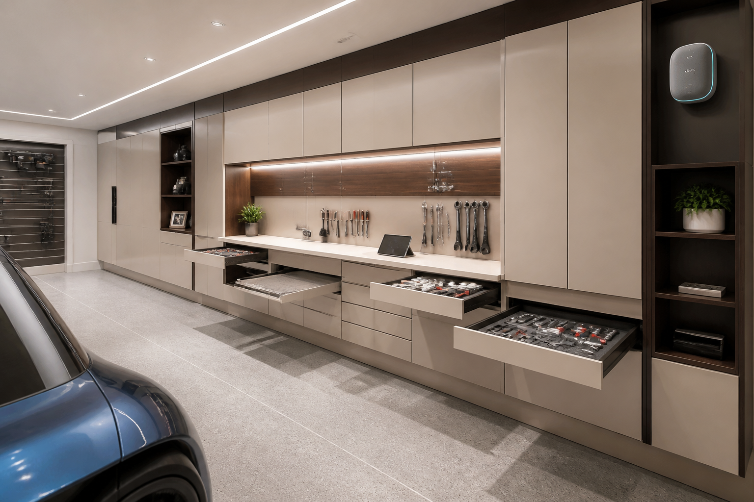 Voice-activated garage cabinets with motorized tool trays and soft-close drawers