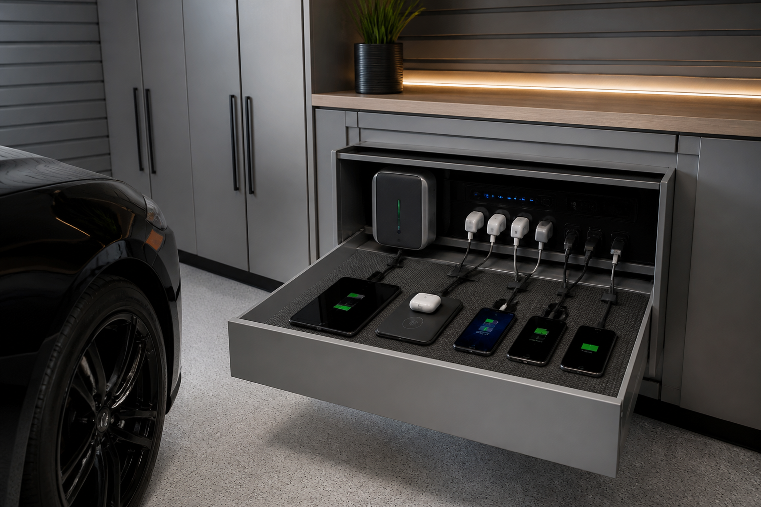 Hidden pull-out drawer charging station with wireless pads and cable management