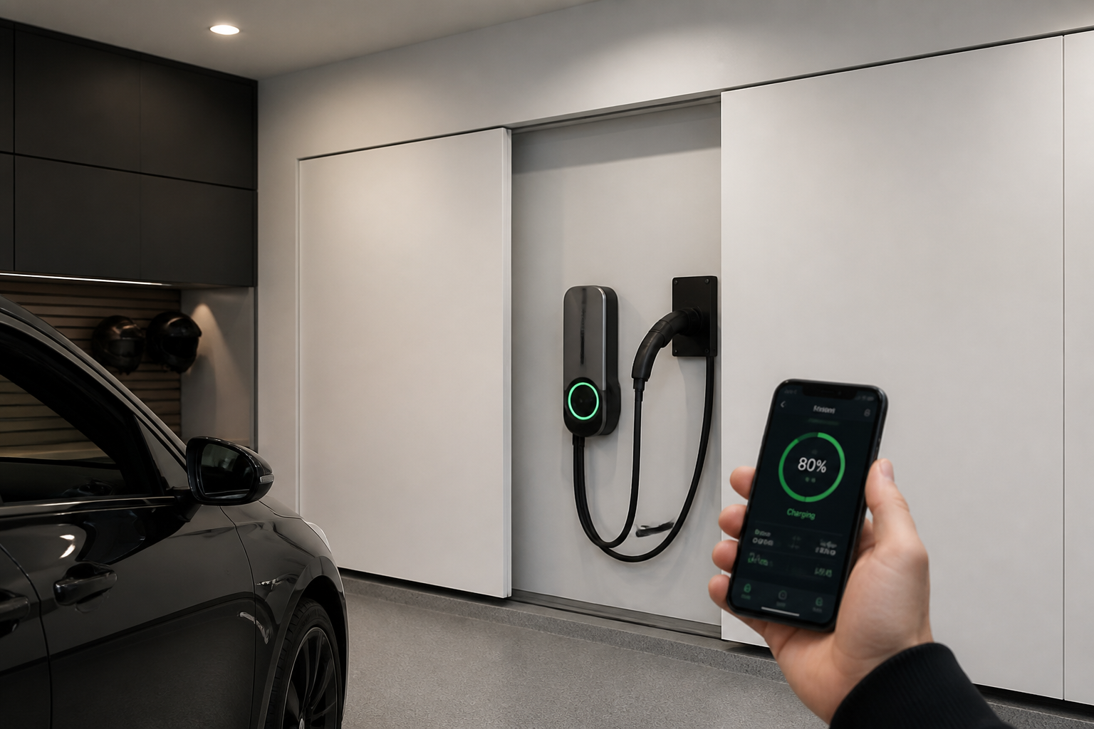 Retractable wall panel concealing electric vehicle charging station in garage