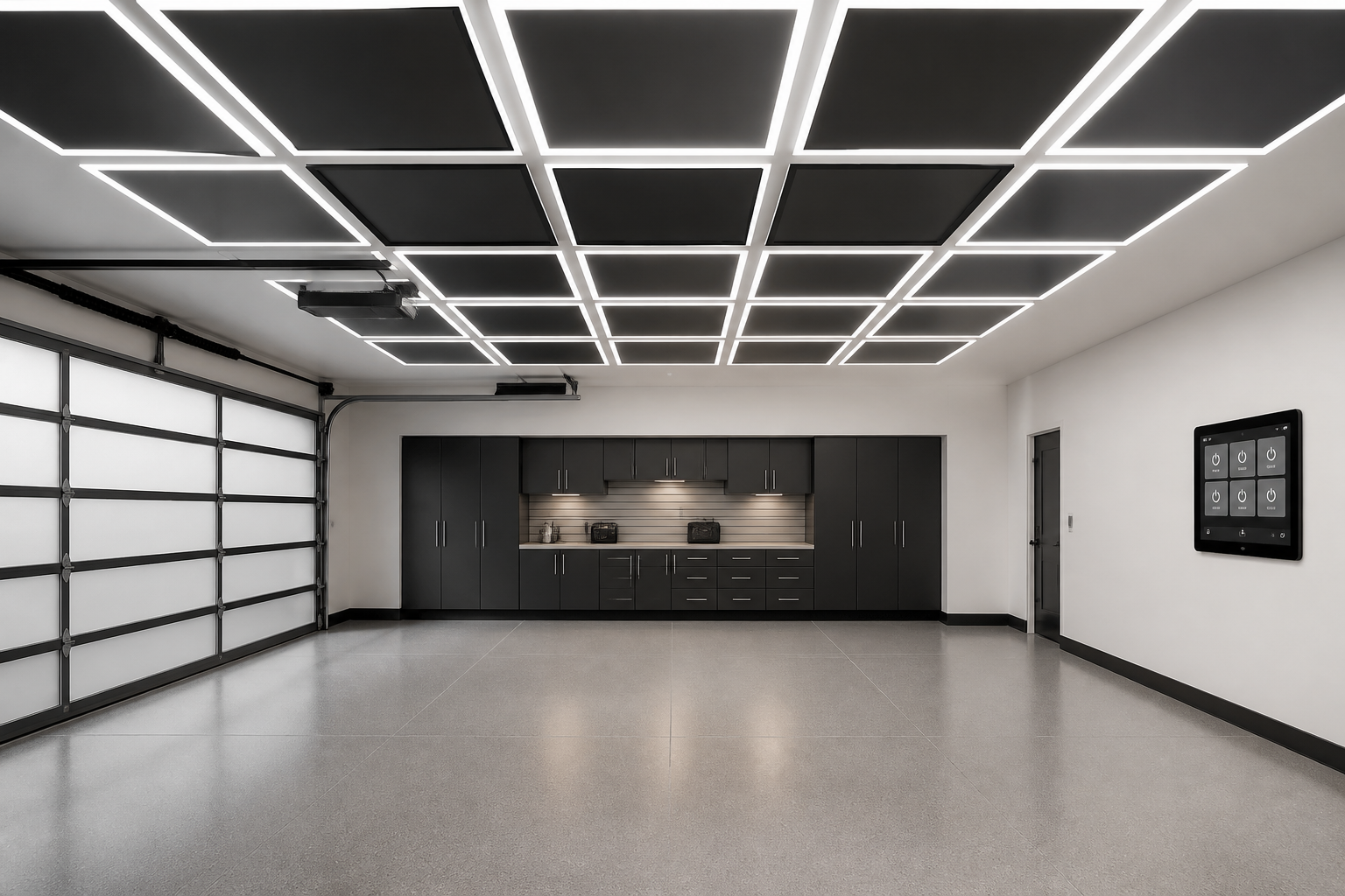 Programmable smart LED ceiling panel grid in contemporary garage