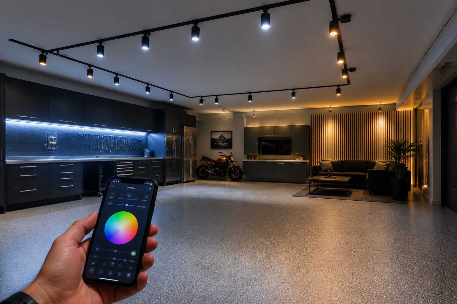 Multi-zone color-changing LED track lighting system in modern garage
