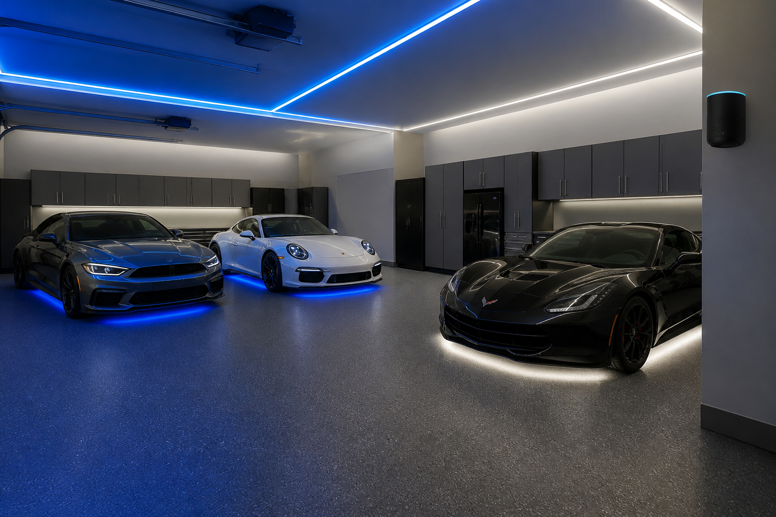 RGB smart strip lighting in garage with voice control and cabinet underlighting
