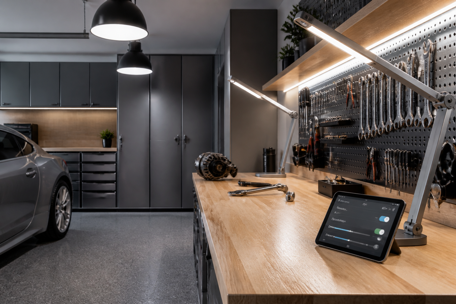 Smart adjustable task lighting system with brightness sensors over garage workbench