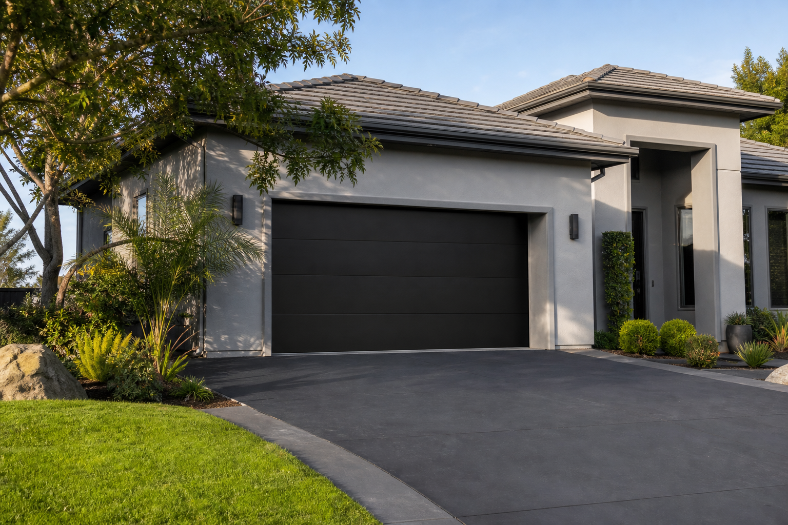 Matte black two-car garage door on a gray stucco home with green landscaping