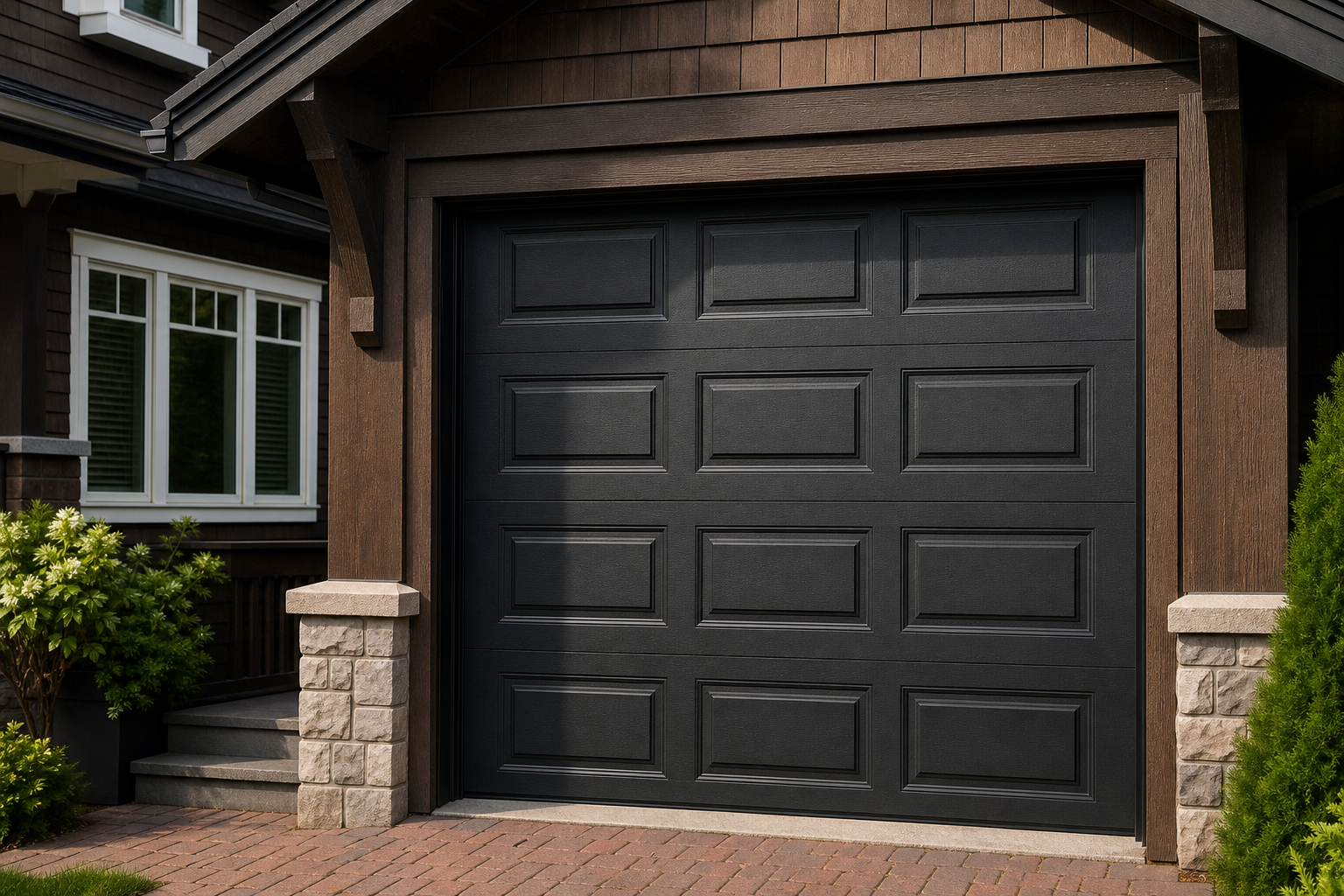 Single-car matte black raised-panel garage door on a craftsman home with wood trim