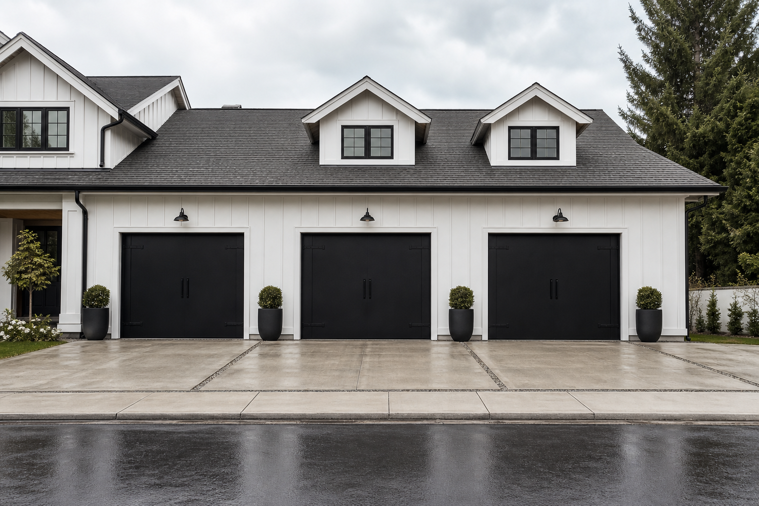 Three matte black barn-style garage doors on a white farmhouse with black hardware