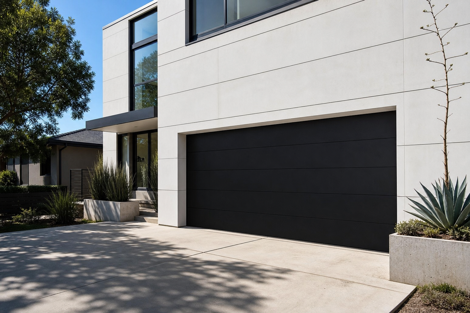 Ultra-slim flush panel matte black garage door on a white contemporary two-story home
