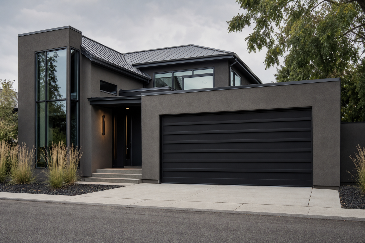 Black ribbed panel garage door with deep shadow lines on a charcoal contemporary home
