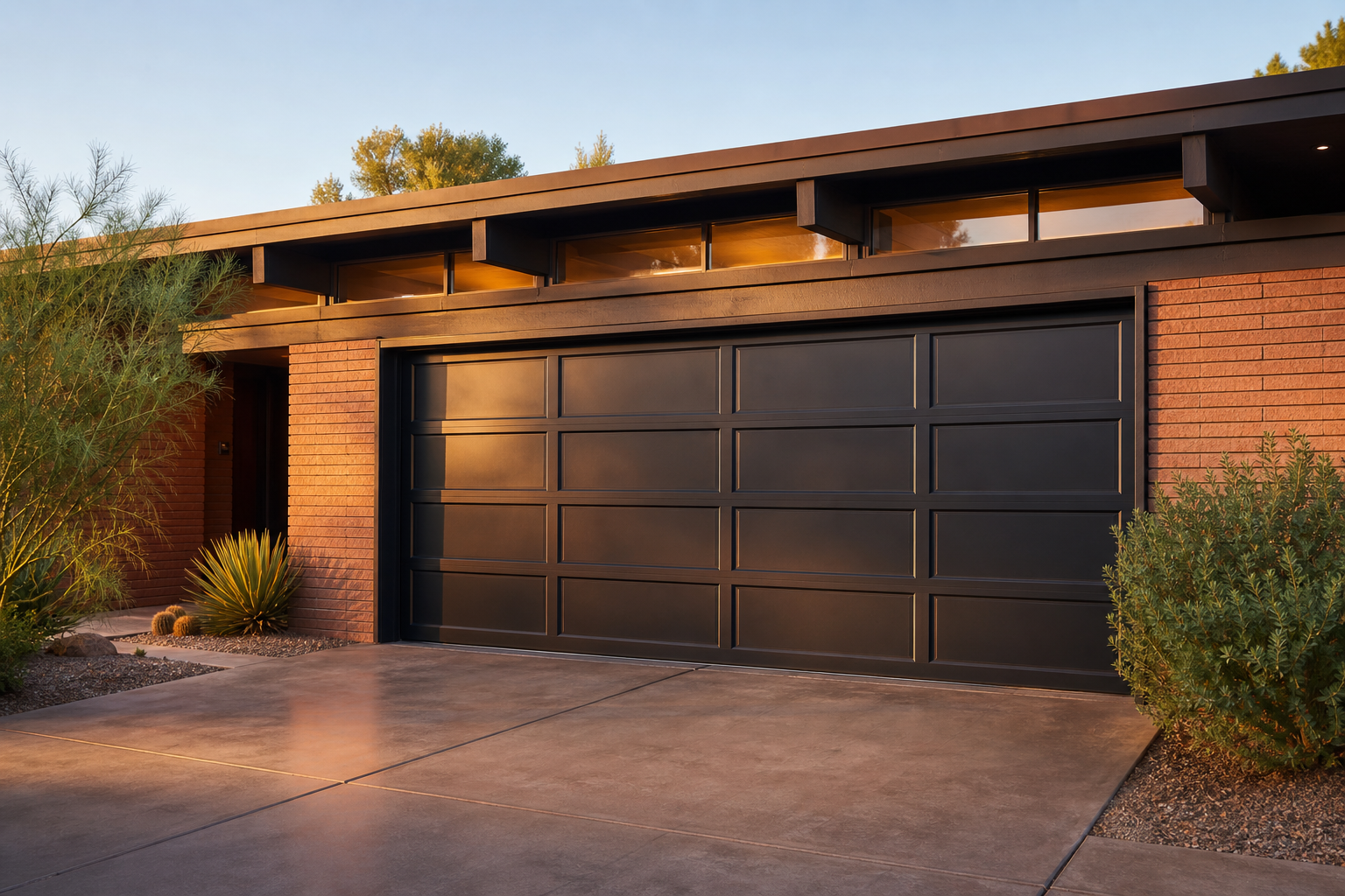 Black aluminum square-grid panel garage door on a mid-century modern ranch with terracotta brick