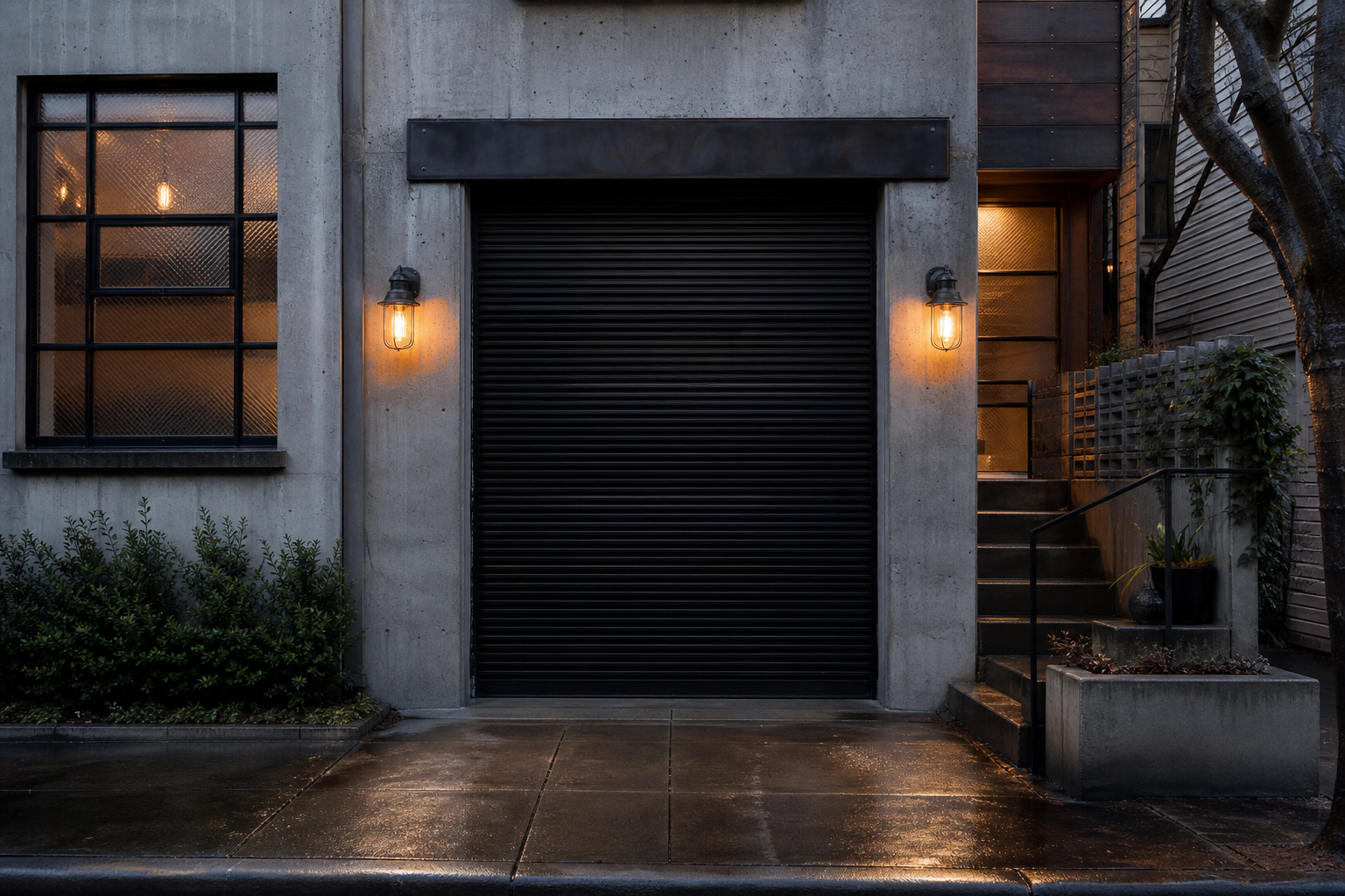 Black corrugated steel garage door on an urban concrete townhouse with industrial details