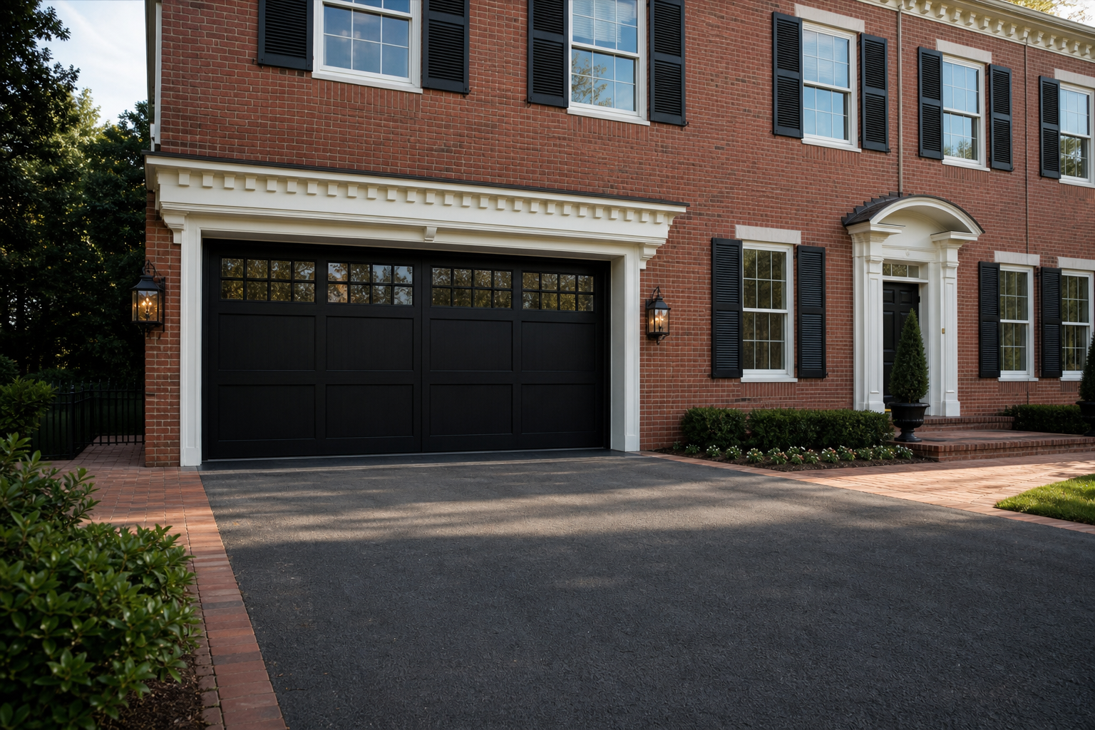 Black carriage-style garage door with divided-lite window inserts on a brick colonial home