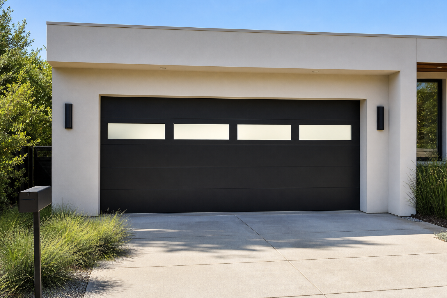 Black garage door with long horizontal frosted glass panels on a contemporary off-white home