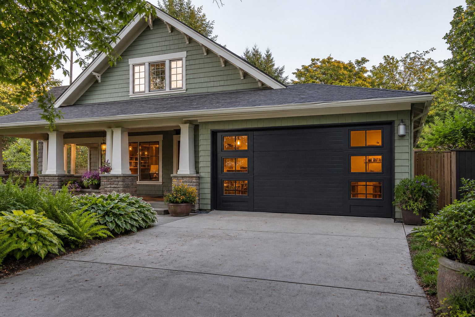 Black craftsman garage door with square clear-glass windows on a sage green bungalow