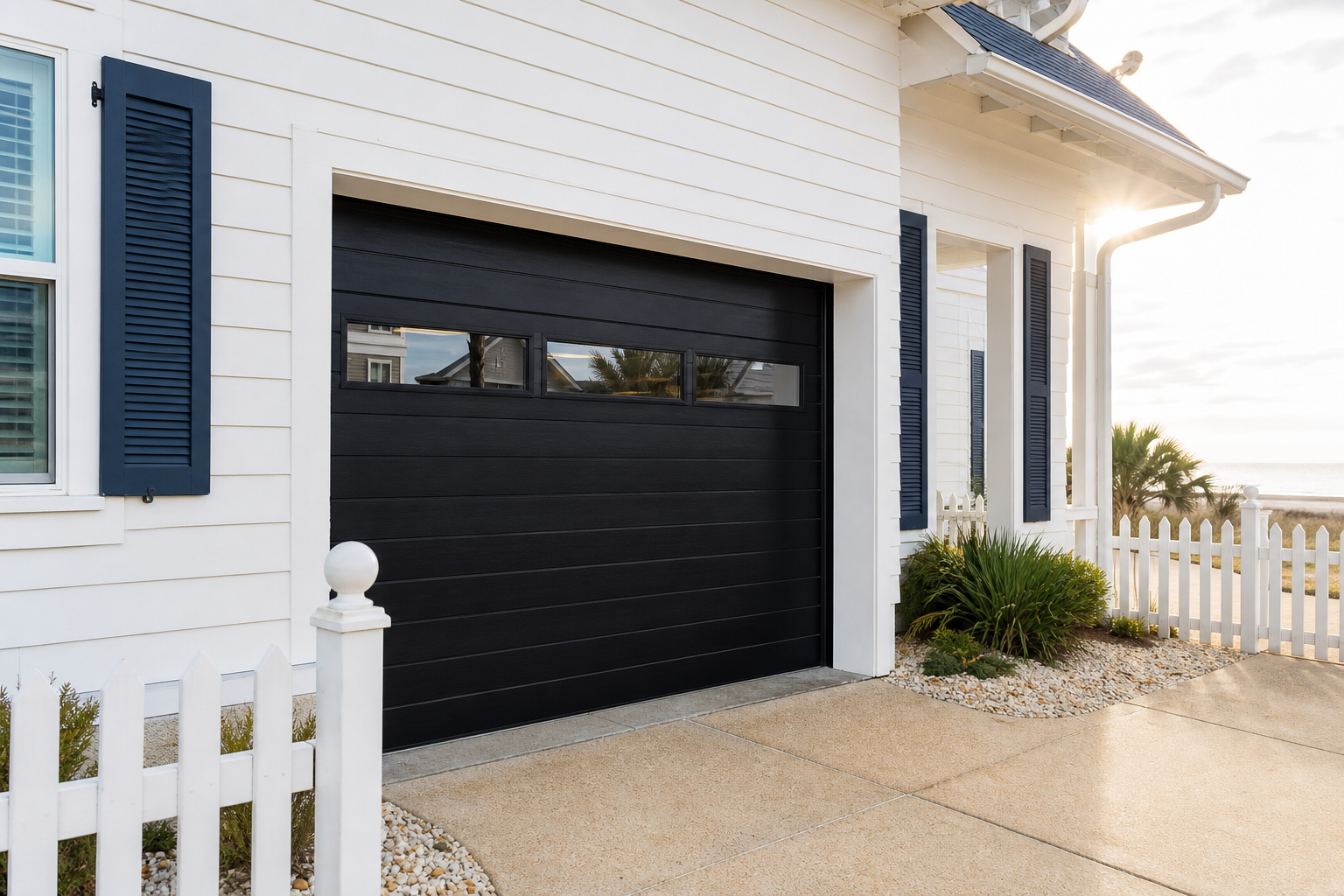 Black aluminum garage door with narrow rectangular windows on a white coastal home with navy shutters