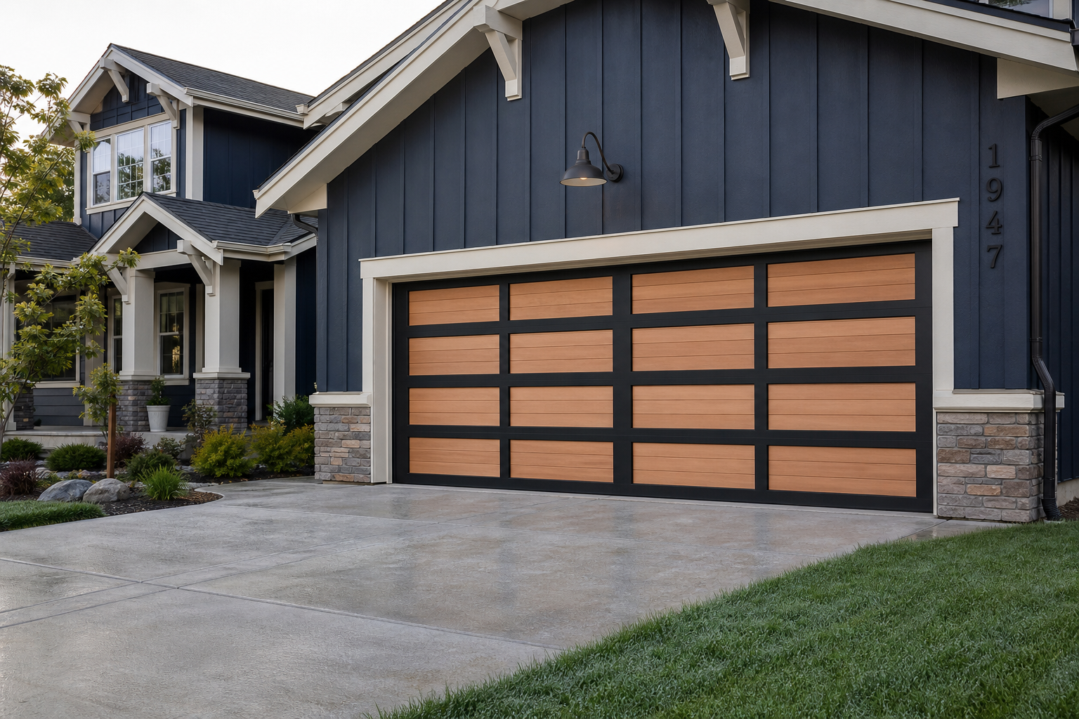 Black steel frame garage door with natural cedar wood slat panels on a navy blue craftsman home