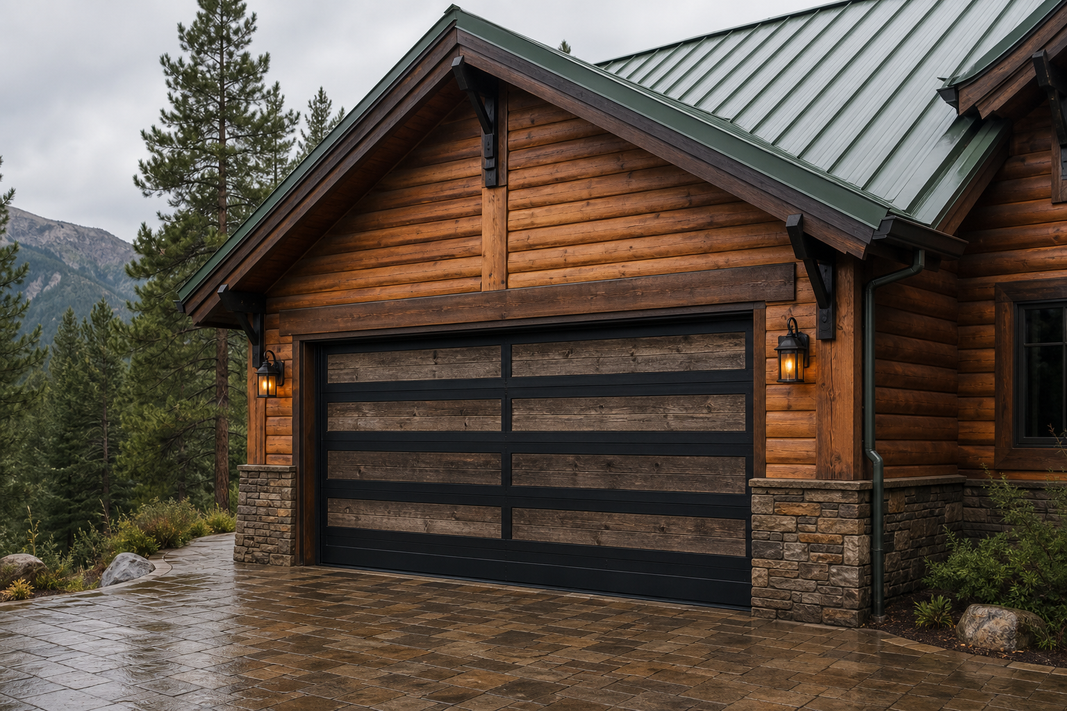 Black steel and reclaimed barn wood garage door on a mountain cabin home with stone veneer