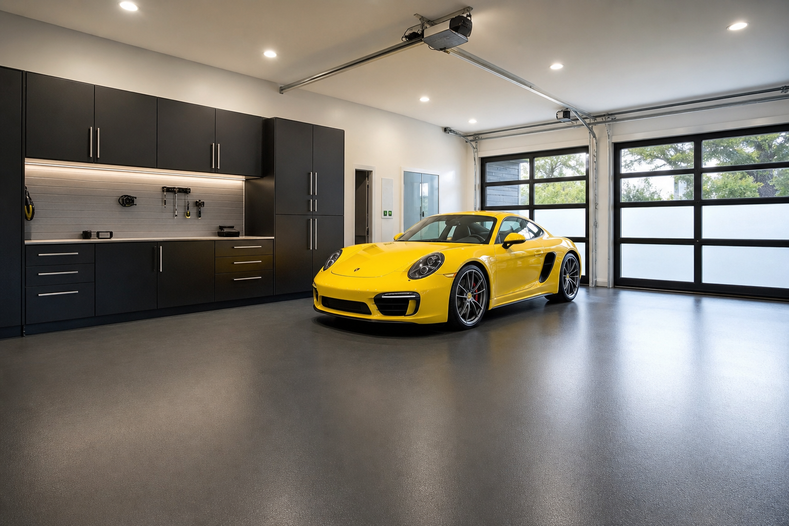 Dark graphite satin polyurea garage floor coating with matte black cabinets and bright yellow sports car