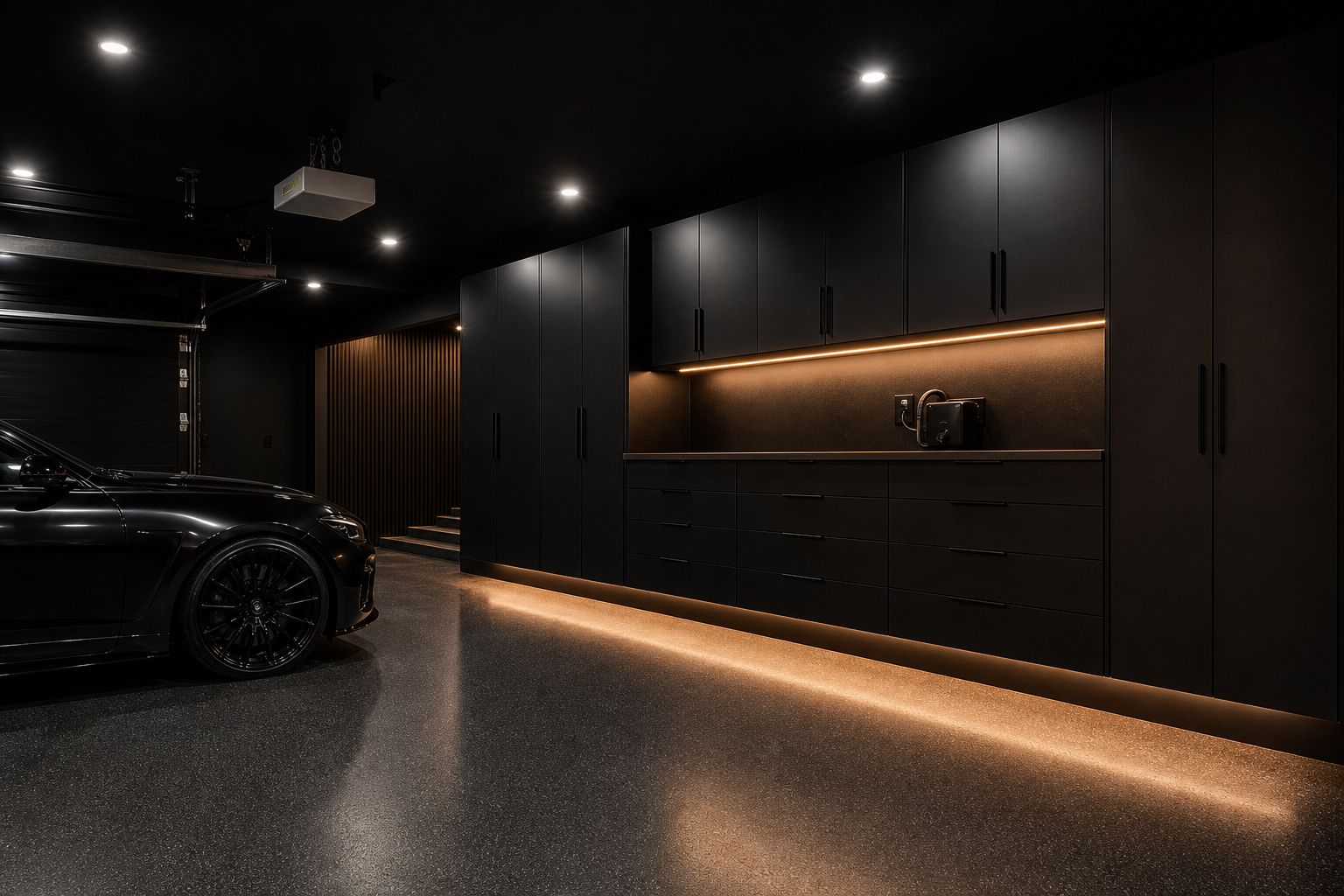 Black garage at night with warm LED strip lights under cabinets contrasting with cool white recessed ceiling lights