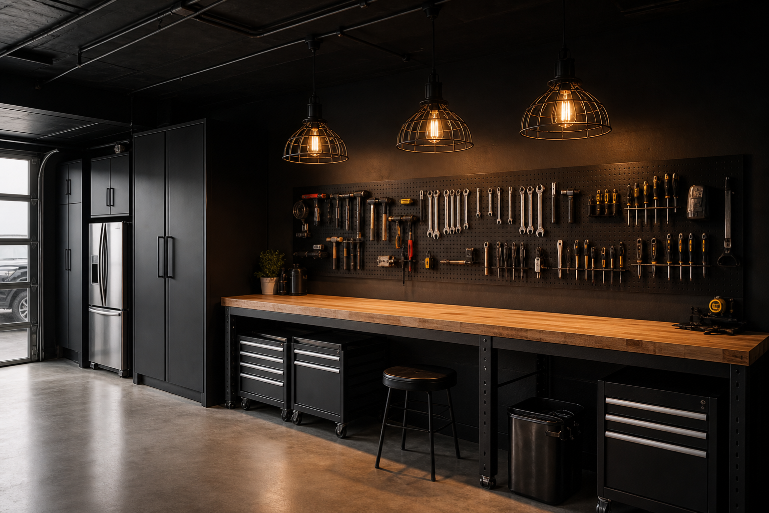 Industrial cage pendant lights with Edison bulbs over matte black steel workbench in dark charcoal garage