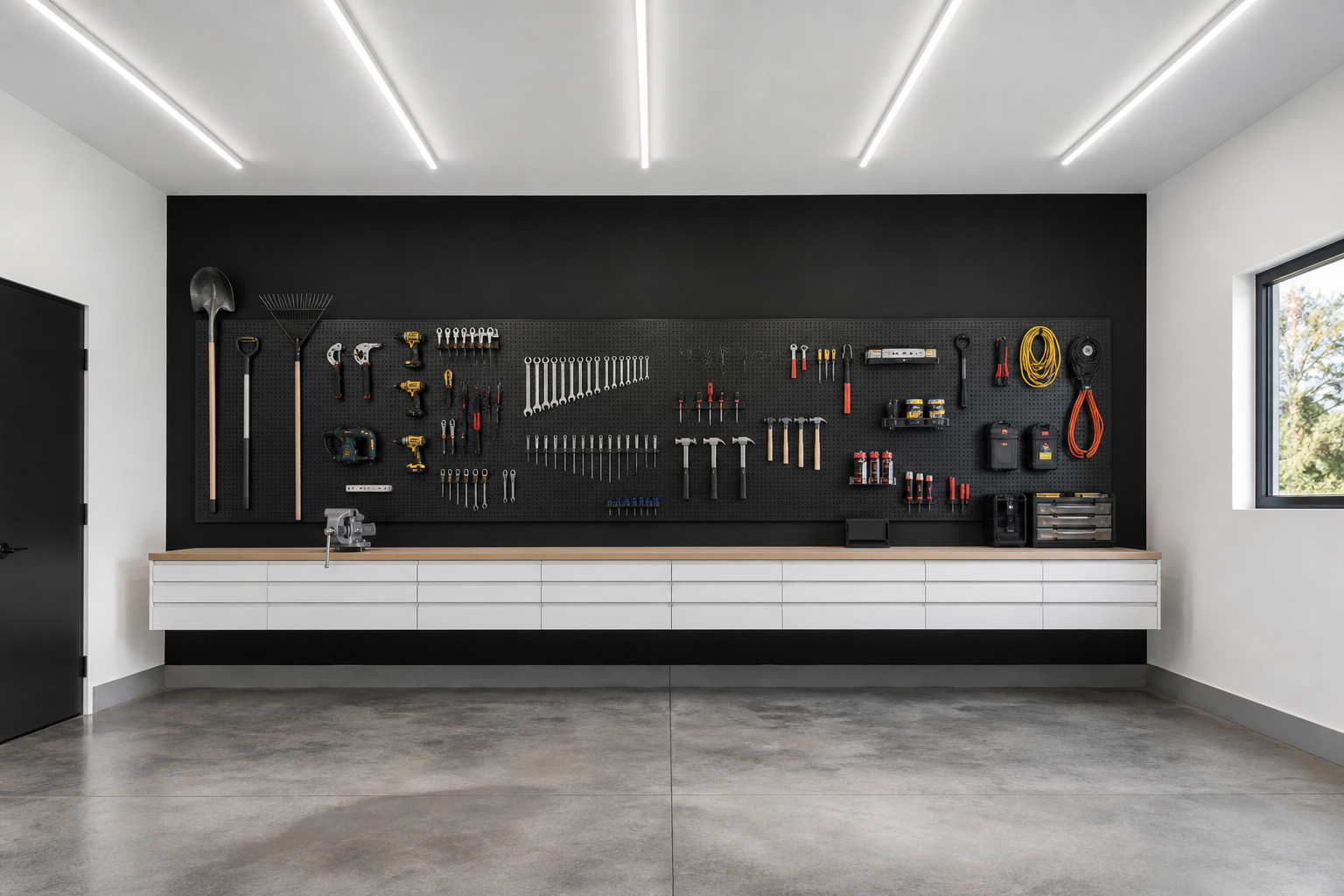Black accent wall in garage with white walls white workbench and organized black pegboard