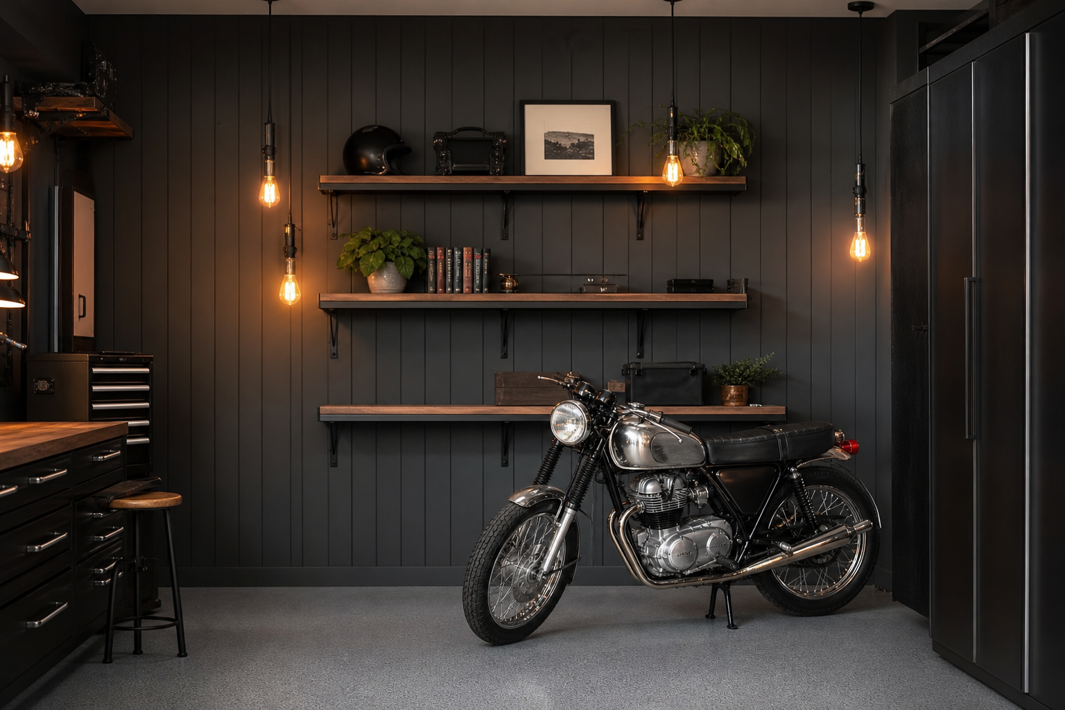 Vertical shiplap accent wall painted charcoal black with floating steel shelves and vintage motorcycle