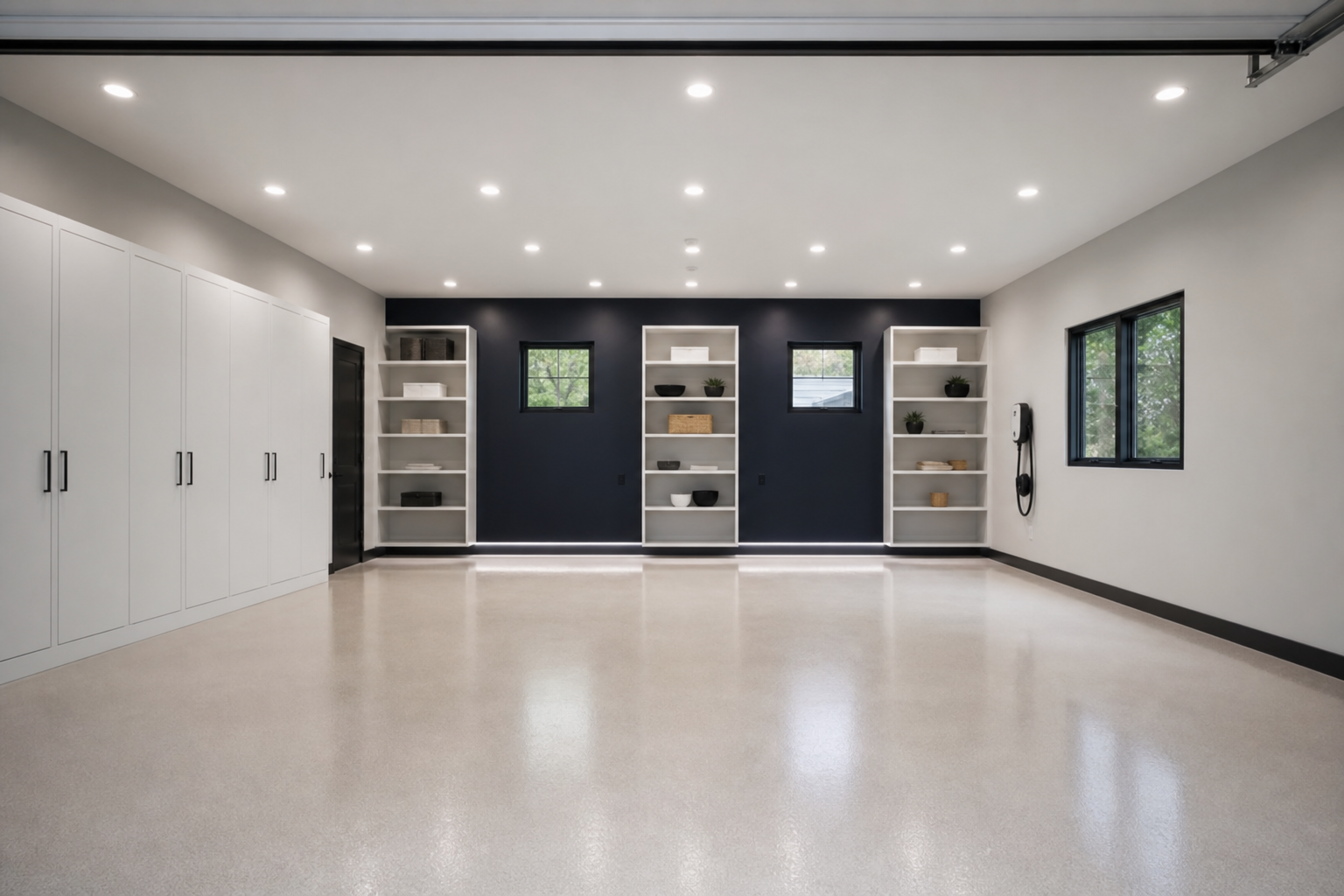 Near-black navy satin accent wall in garage with white built-in shelving and beige epoxy floor