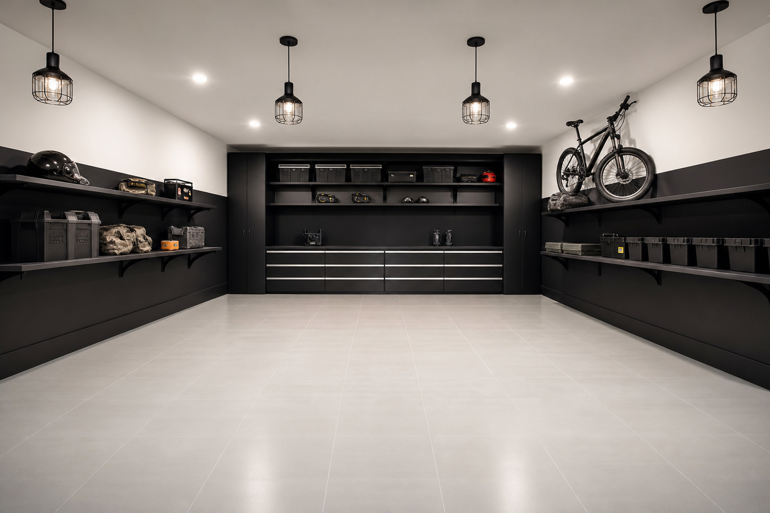 Matte black lower walls with white upper walls and white floor tiles in modern garage