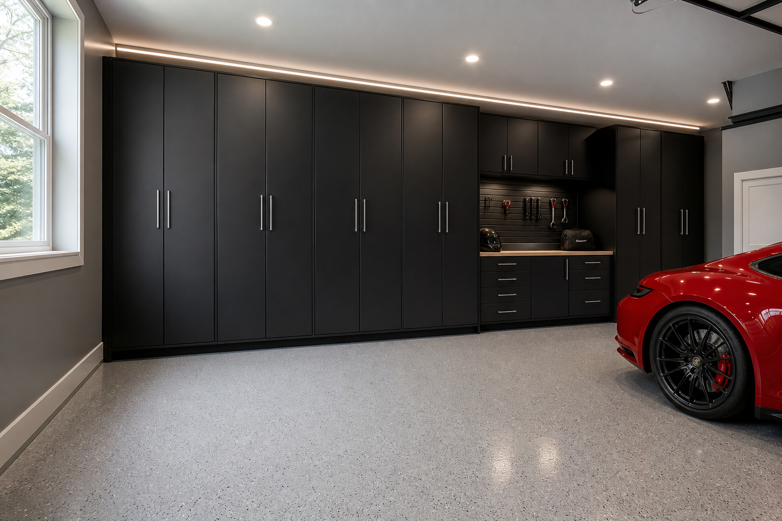 Floor-to-ceiling matte black steel garage cabinets with brushed chrome handles and gray epoxy floor