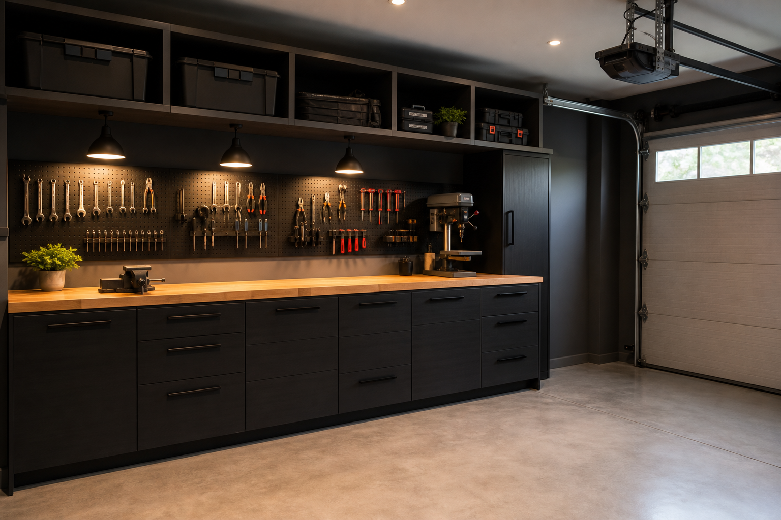 Matte black laminate garage cabinets with butcher block workbench and black pegboard tool storage