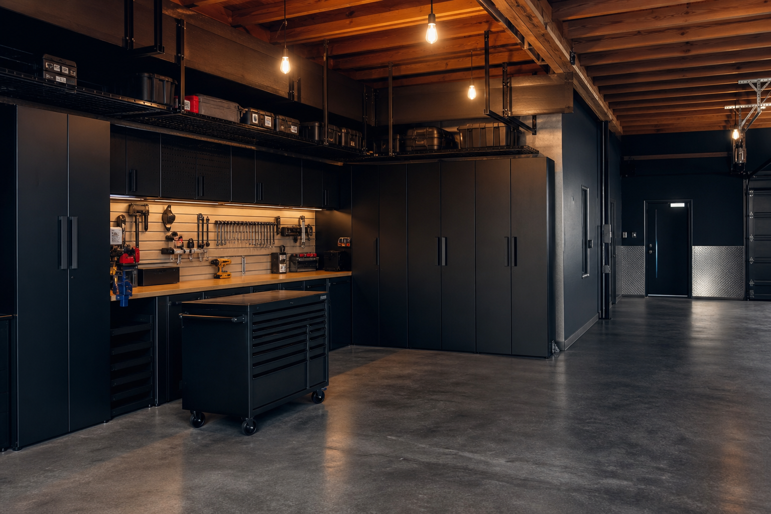 Corner workshop in garage with matte black tall storage cabinets and dark charcoal stained concrete floor