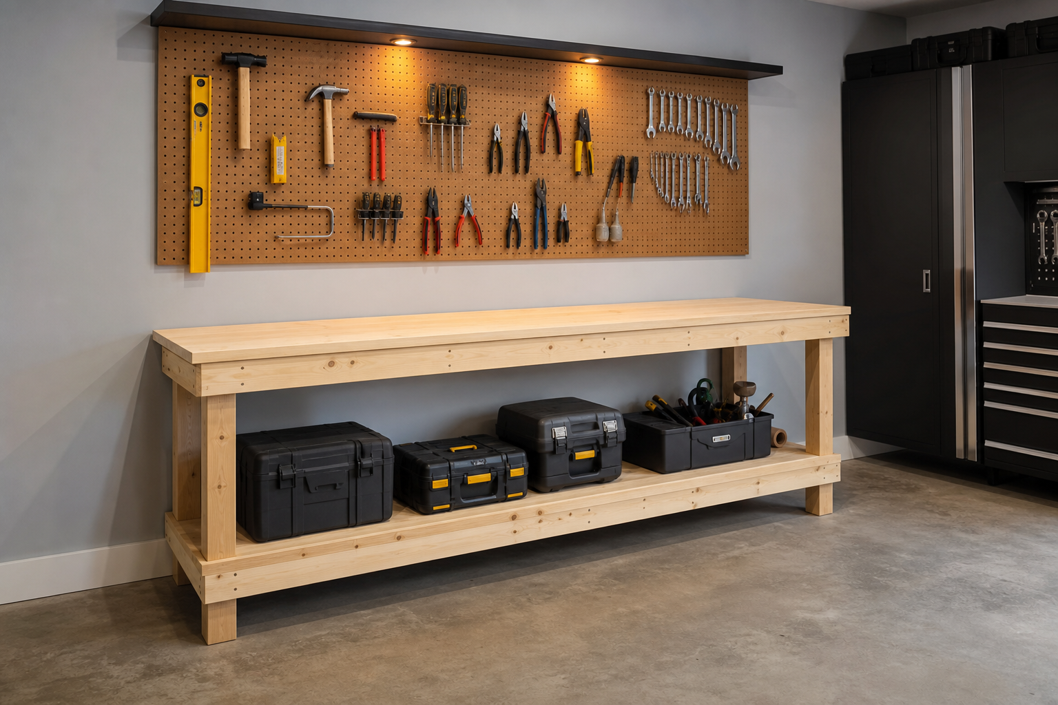 DIY 2x4 lumber workbench with pegboard tool storage in a gray painted garage