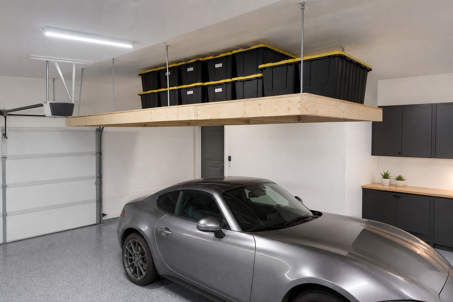 DIY overhead ceiling storage platform with plastic bins in a white single car garage