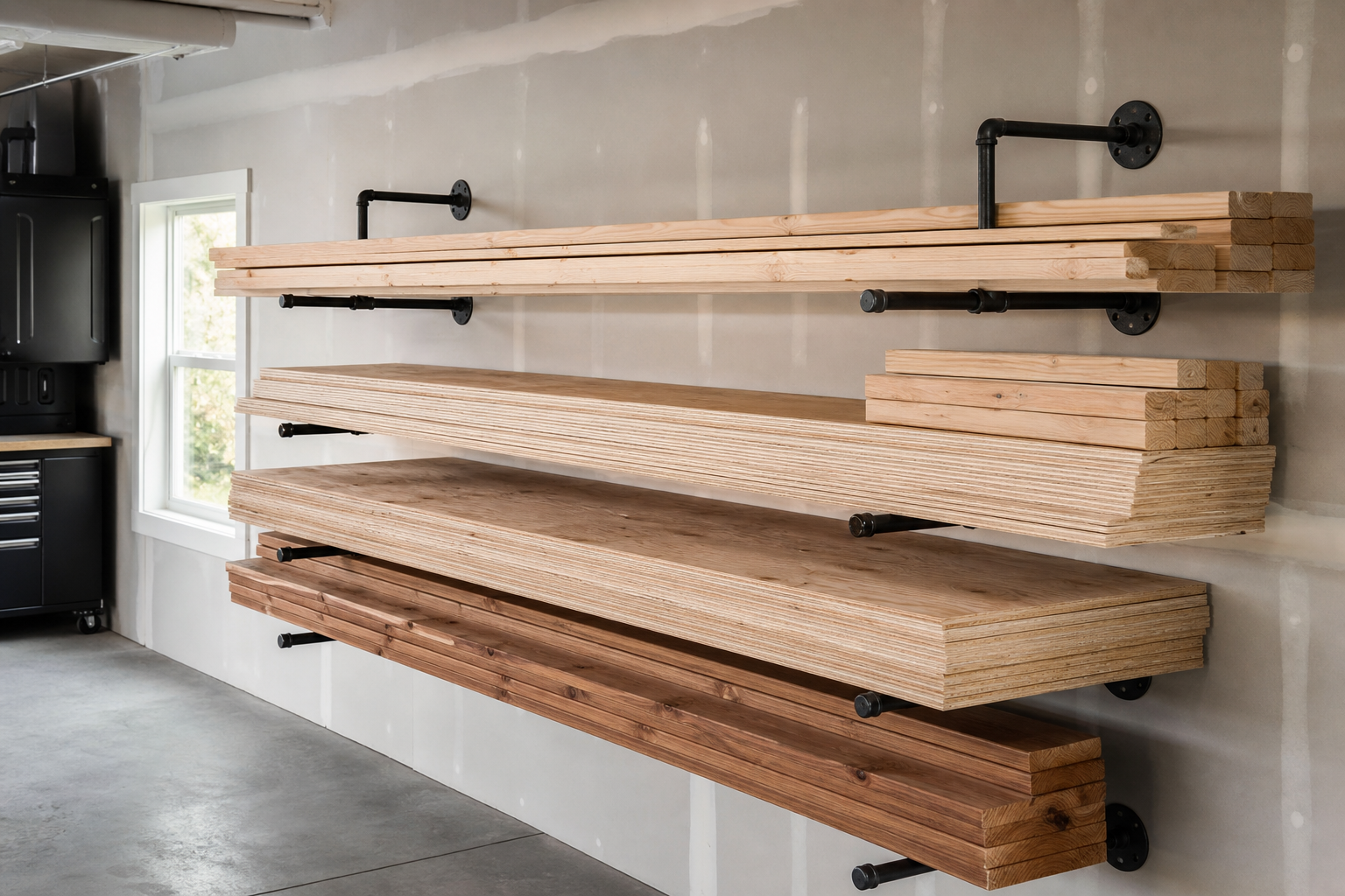 DIY wall-mounted iron pipe lumber storage rack with horizontal boards in a garage