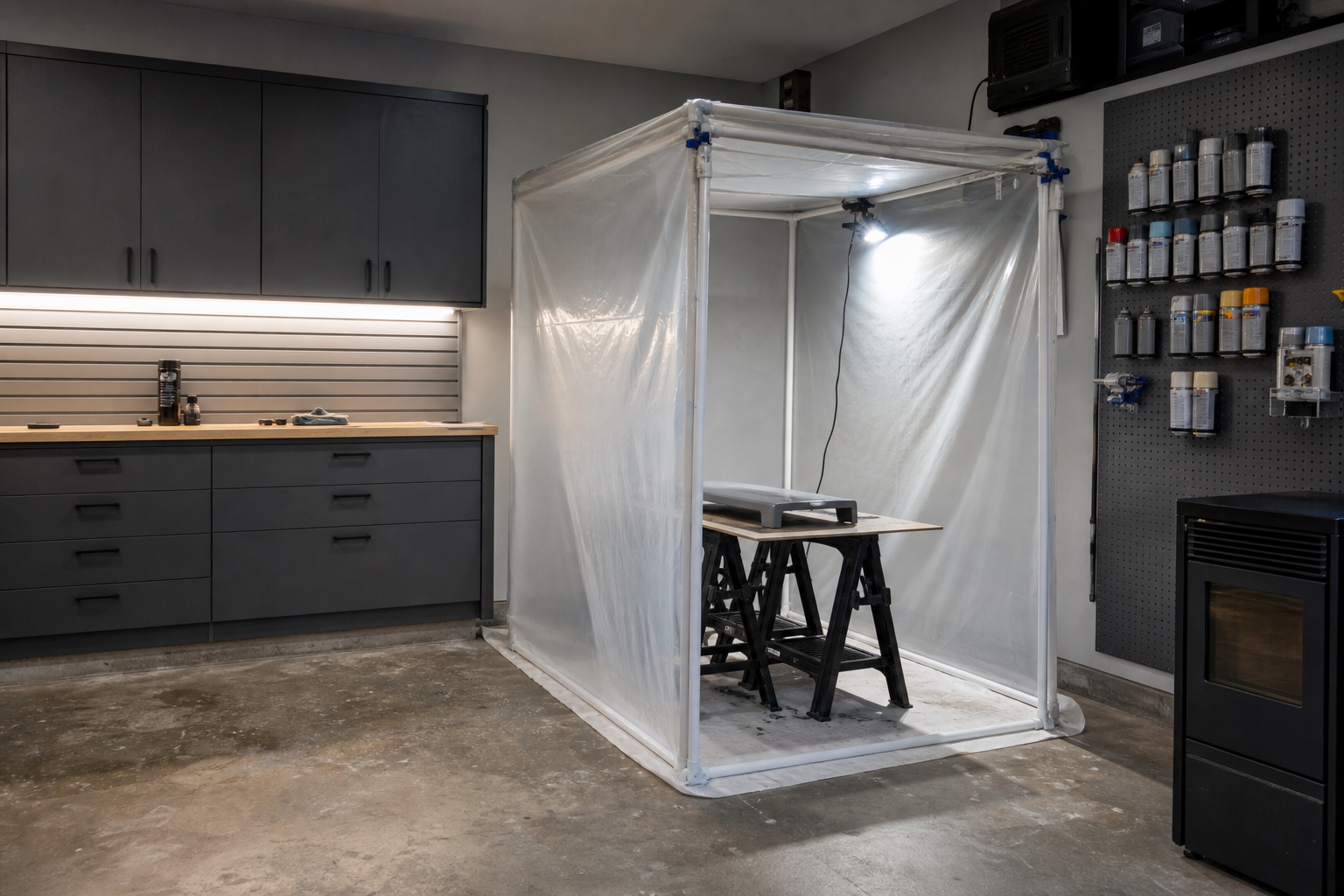 DIY PVC pipe and plastic sheeting spray paint booth in a garage corner with LED lighting