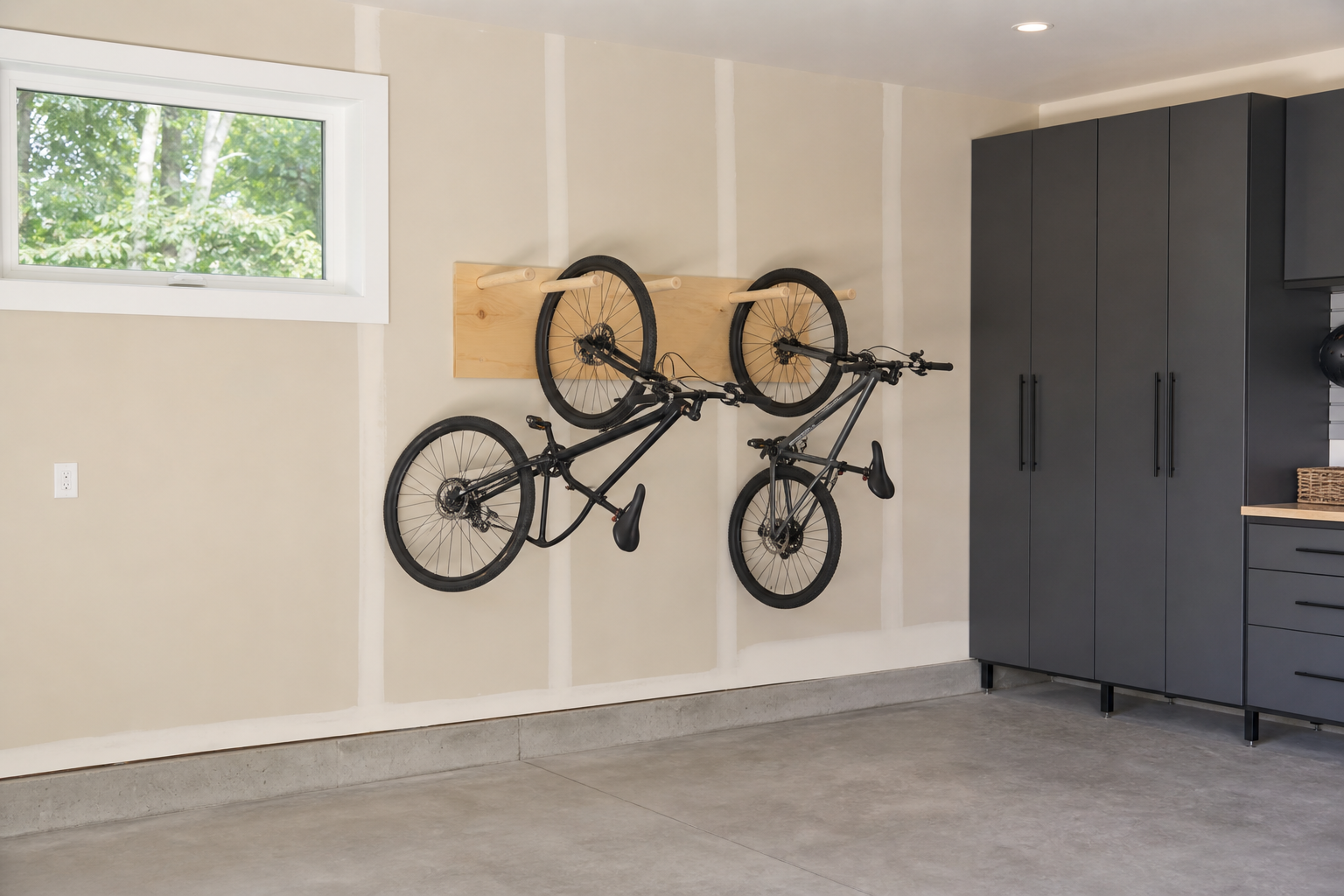 DIY wooden dowel wall-mounted bike rack holding two bicycles in a beige painted garage