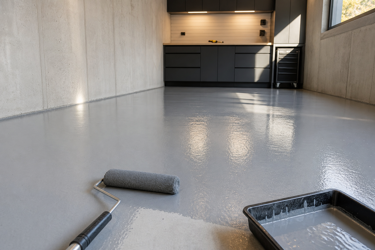 Fresh gray epoxy paint coating on a garage floor with paint roller visible at the edge