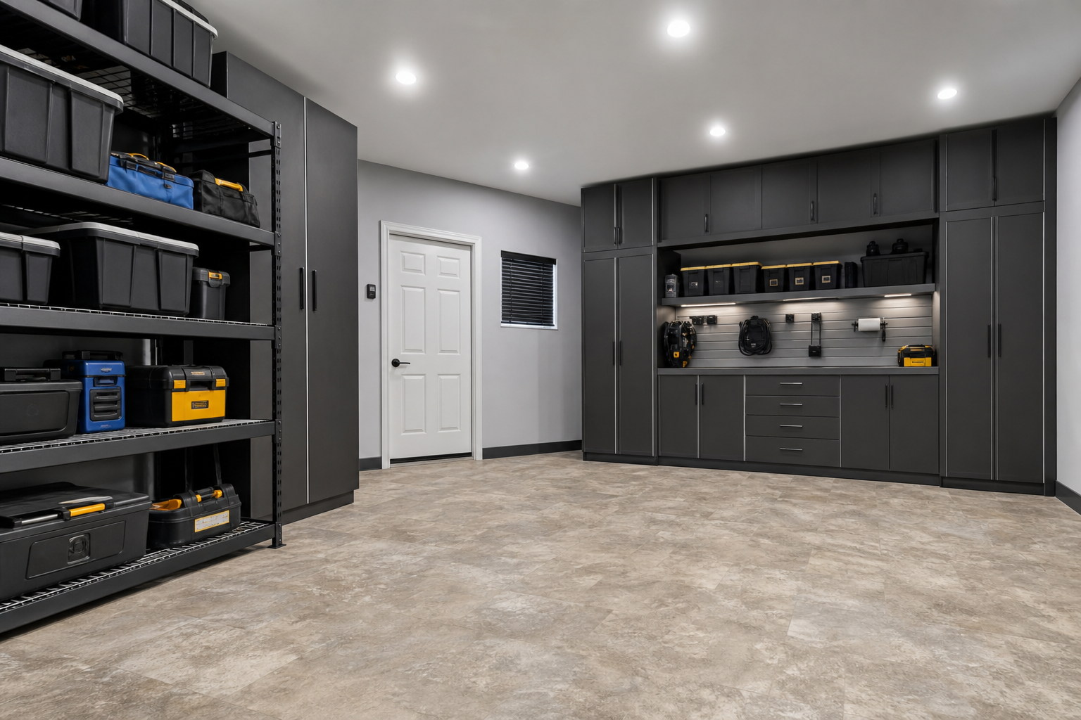 Stone-look rolled vinyl flooring in beige and gray installed in an organized garage under LED lights