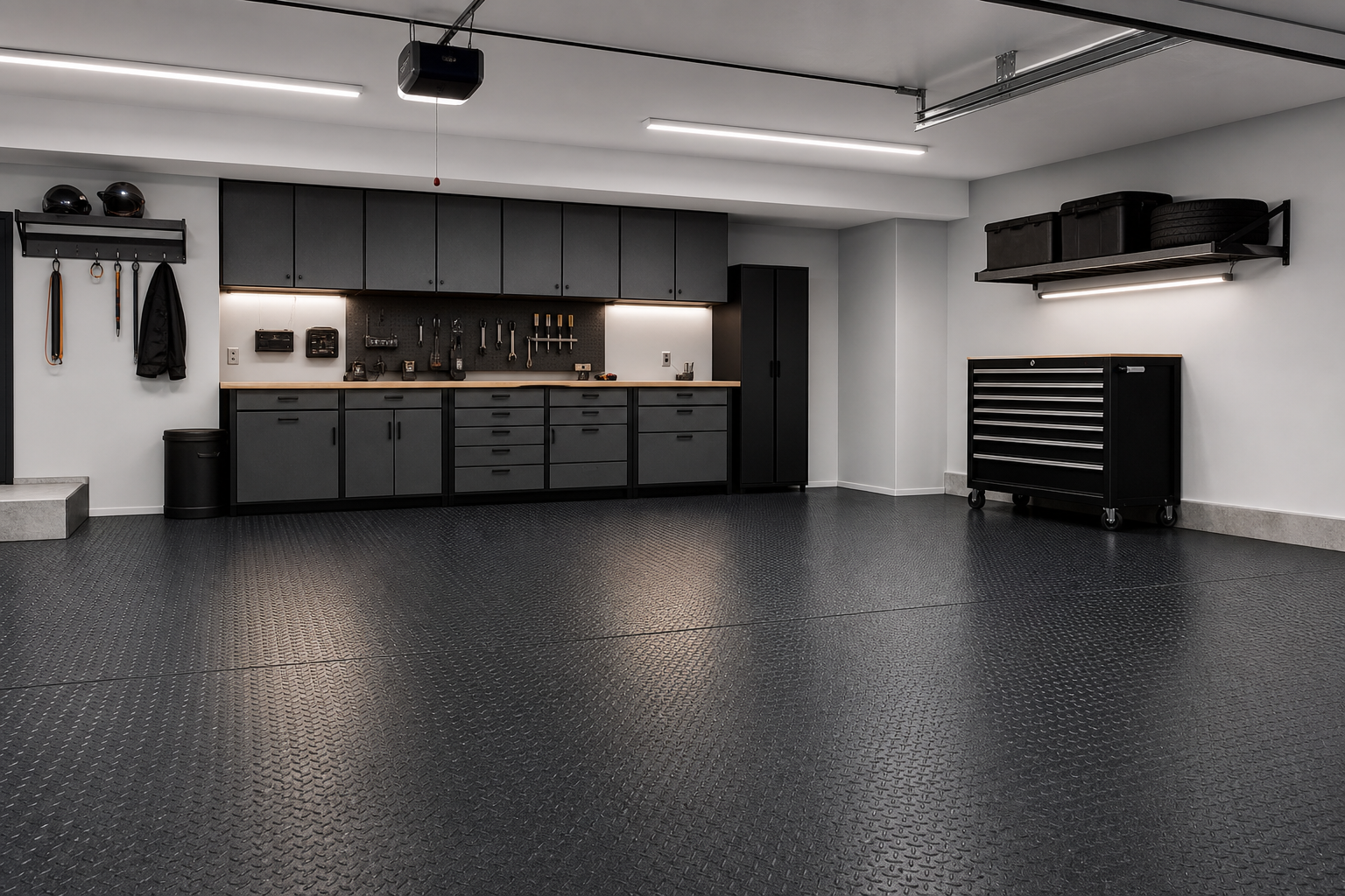 Diamond-plate charcoal polyurea garage floor coating with workbench and tool chest