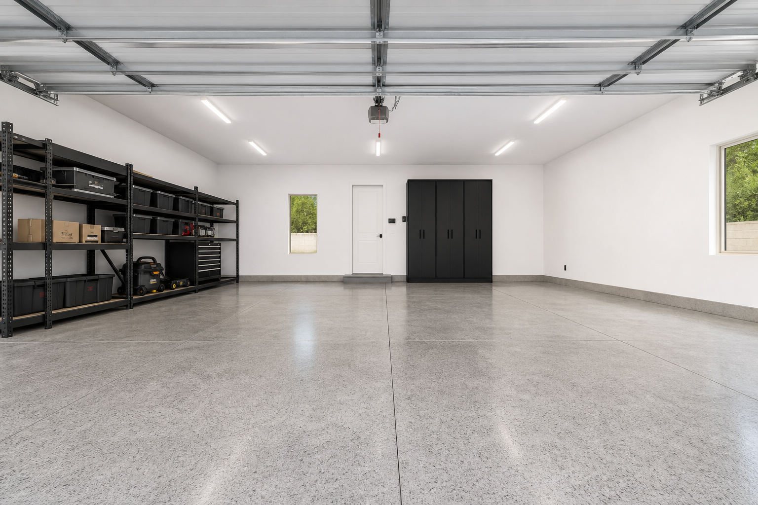 Bright white painted garage walls and ceiling with LED shop lights and organized shelving
