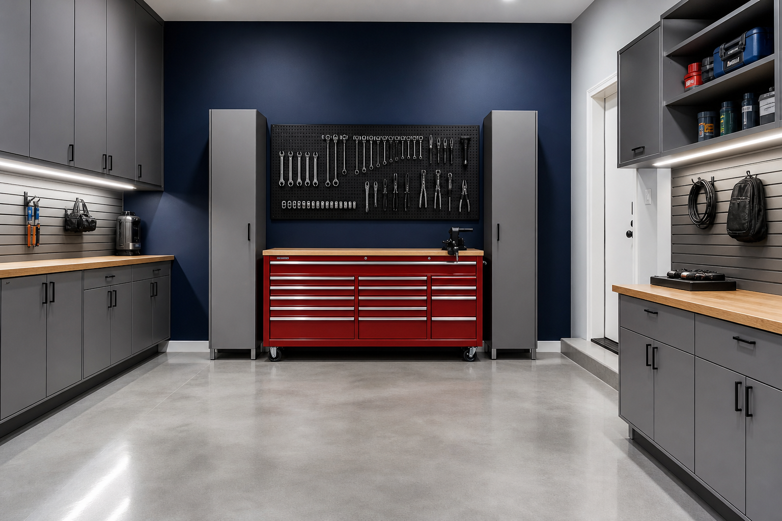 Dark navy blue garage accent wall with red tool chest and chrome tools on pegboard