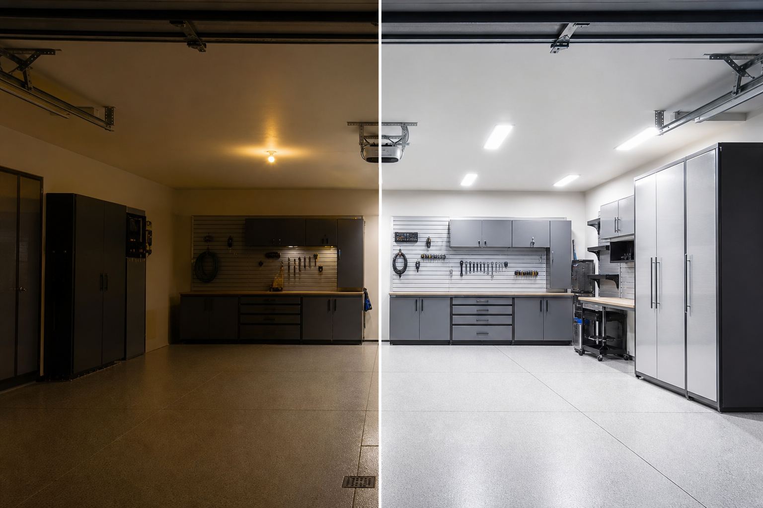 Before and after comparison of dim yellow garage lighting versus bright LED shop light upgrade