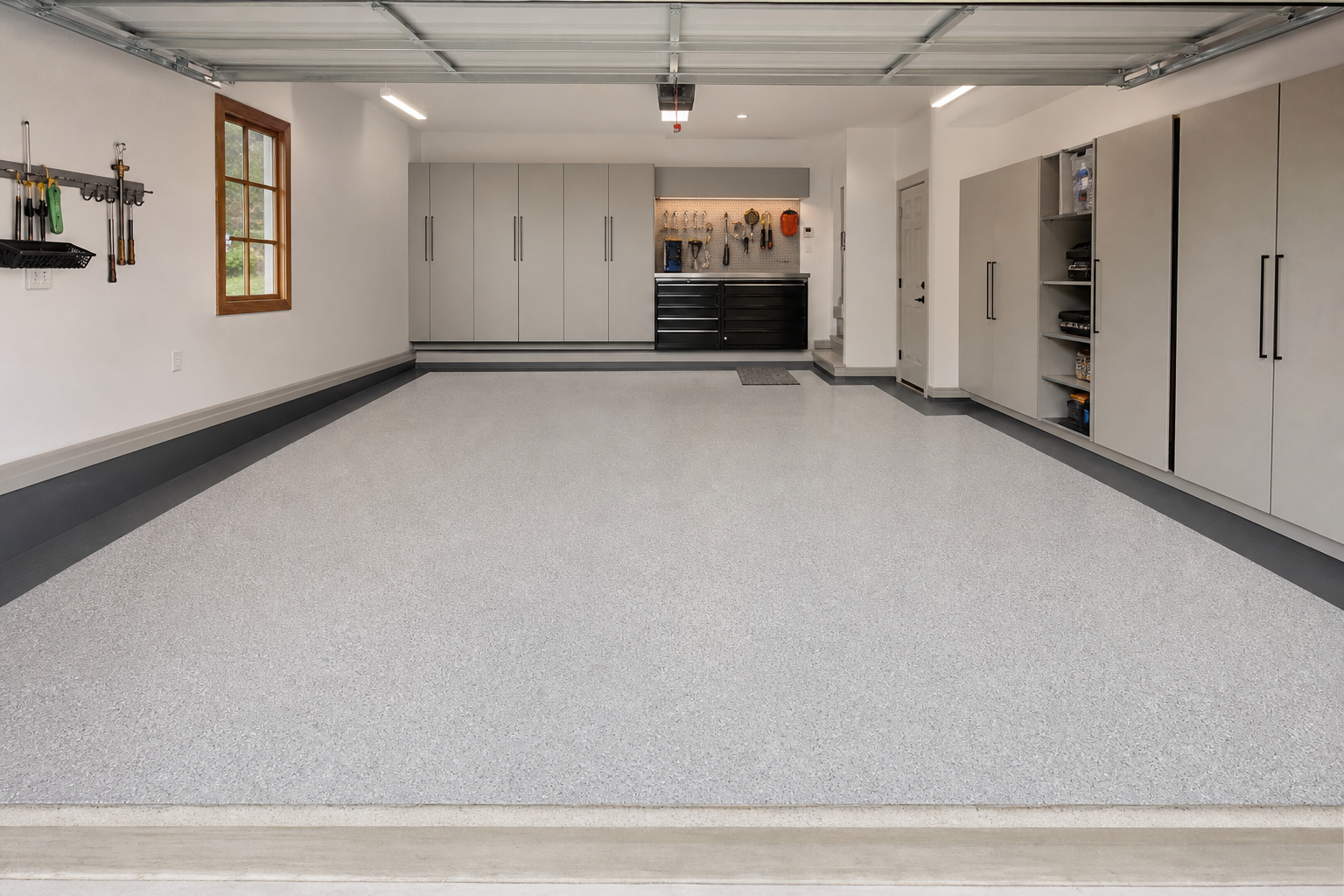 Charcoal gray painted perimeter border stripe on a light gray epoxy garage floor with white walls