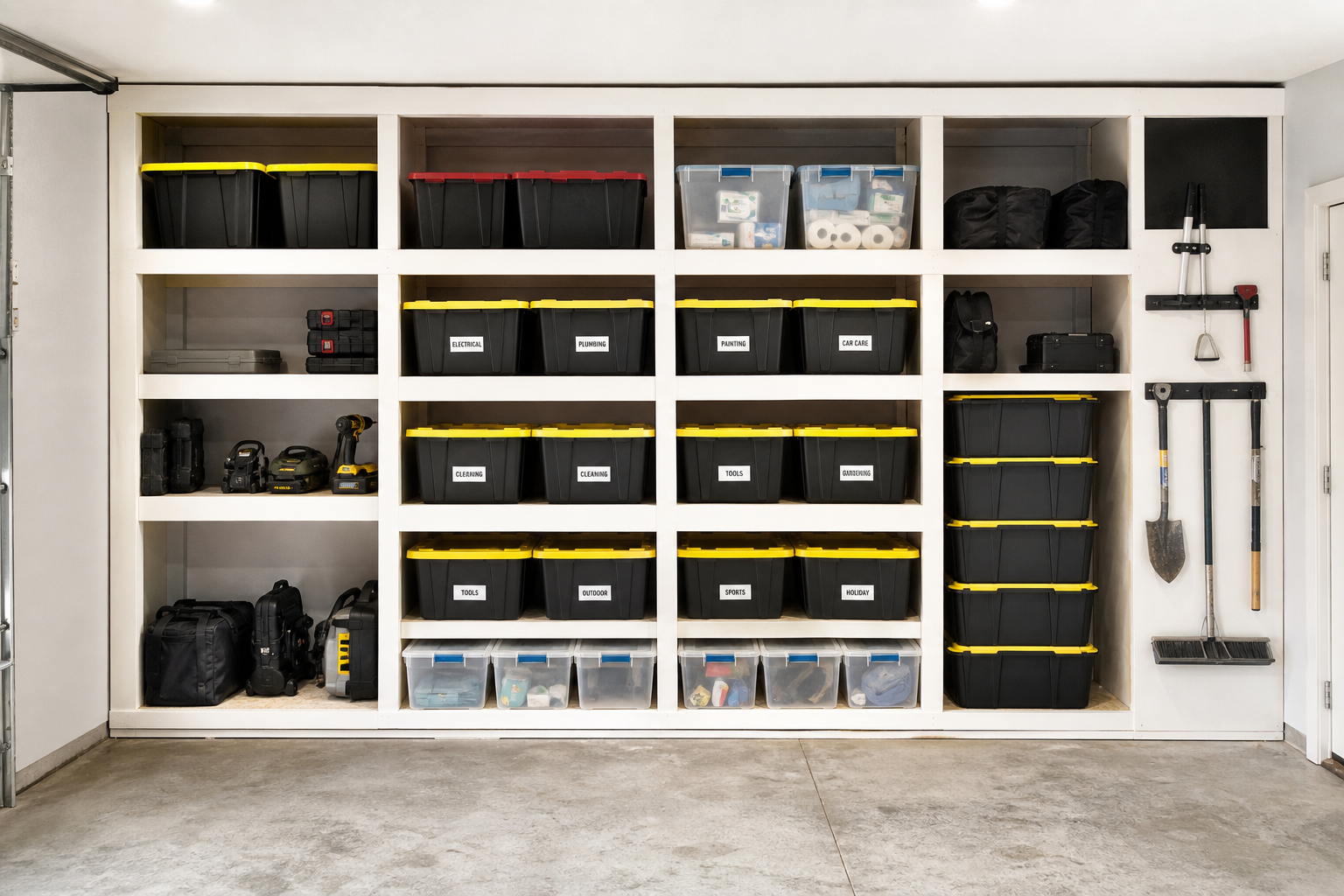 Floor-to-ceiling white painted DIY wood shelving unit with labeled plastic bins in a garage