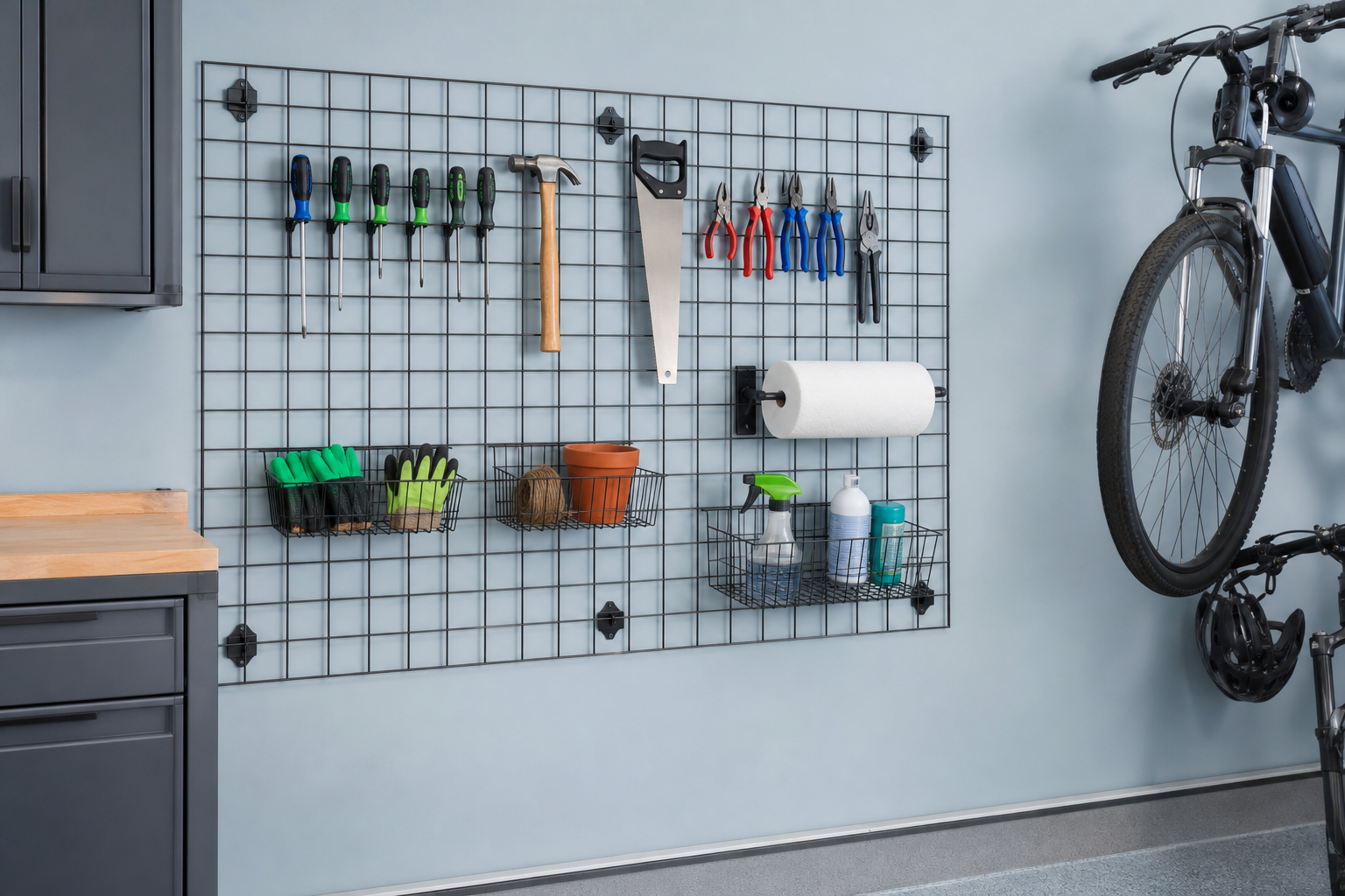 Wire grid panel with S-hooks and baskets holding tools and garden supplies on a blue garage wall