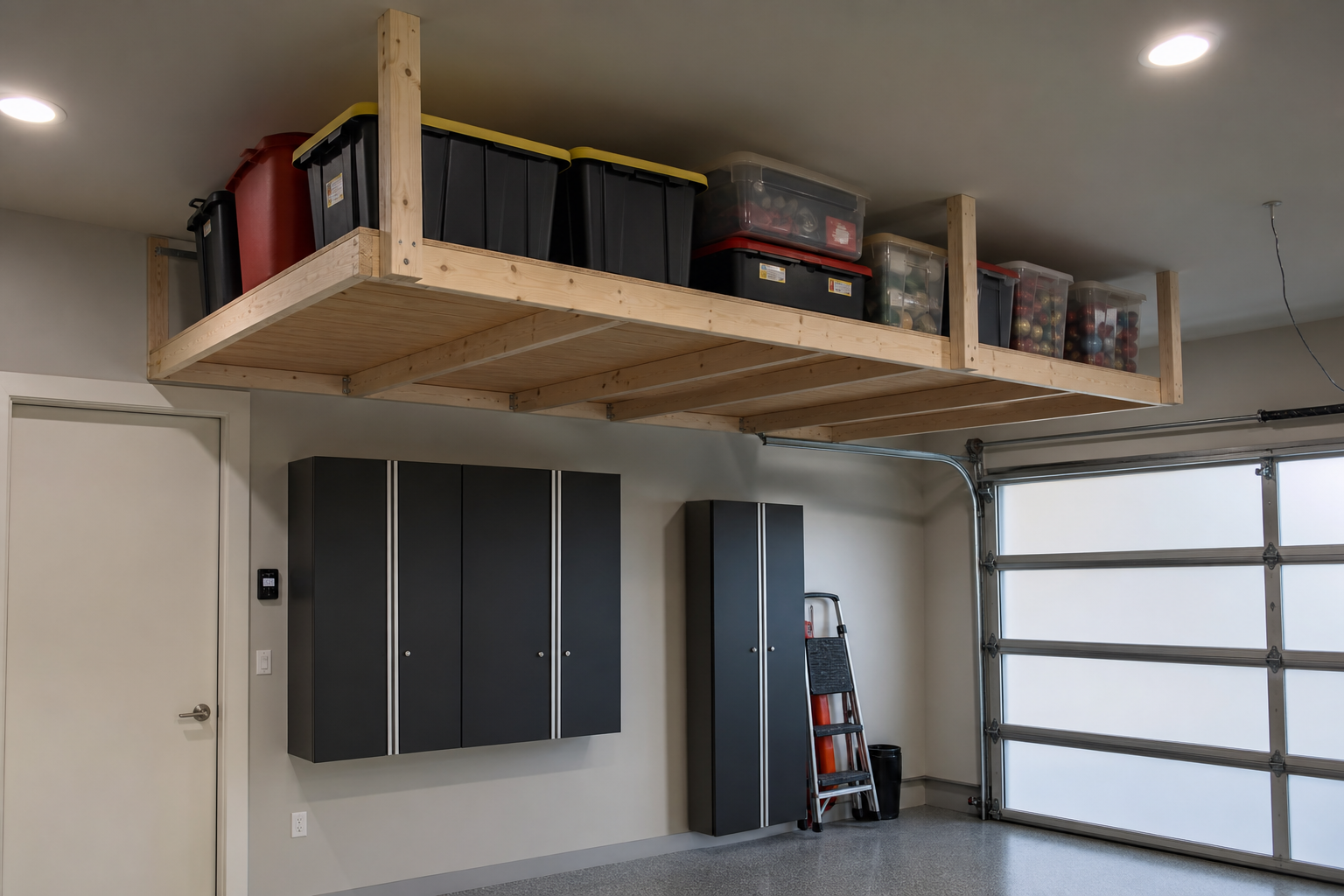 DIY overhead ceiling platform with labeled plastic totes and holiday boxes in a single car garage