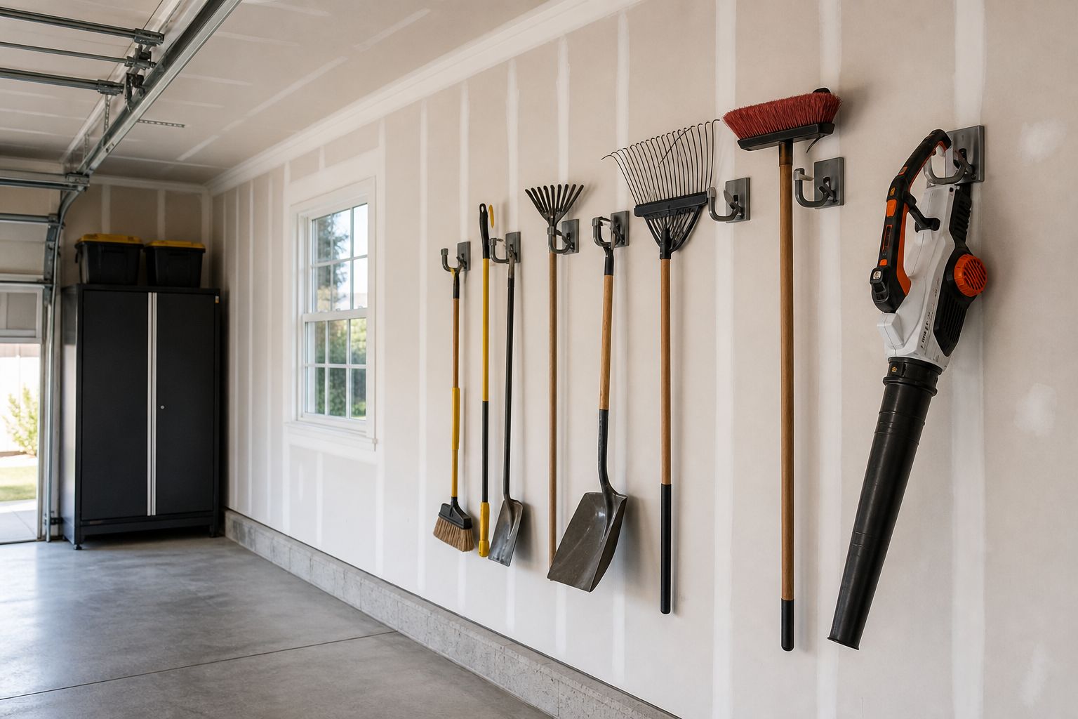 Heavy-duty metal hooks on garage wall studs holding long-handled garden tools and leaf blower