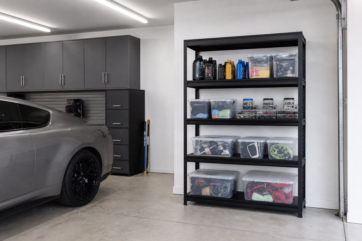 Black freestanding metal utility shelves with clear bins and automotive supplies in a white garage