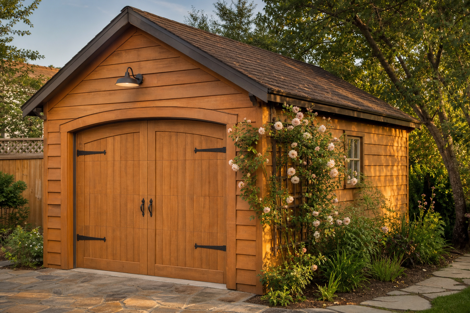 Cedar-clad detached garage with arched wood door and climbing rose trellis